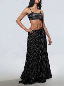 Flirla Set de 2 piezas con camiseta de tirantescortay falda larga de línea A con estampado de lunares de estilo de resort de primavera/verano