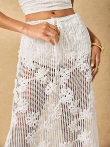 Poéselle 别致的花卉图案钩针长裙 - 非常适合海滩日和夏季聚会，女士钩针裙，波西米亚风长裙，白色夏季裙，优雅的海滩罩衫，花卉夏季时尚 - 白色 - 查看 5