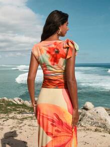 Opulessa Blusa casual con hombros anudados, cintura ceñida y estampado multicolor, sexy para vacaciones, citas, fiestas en la playa - Multicolor - Ver 2