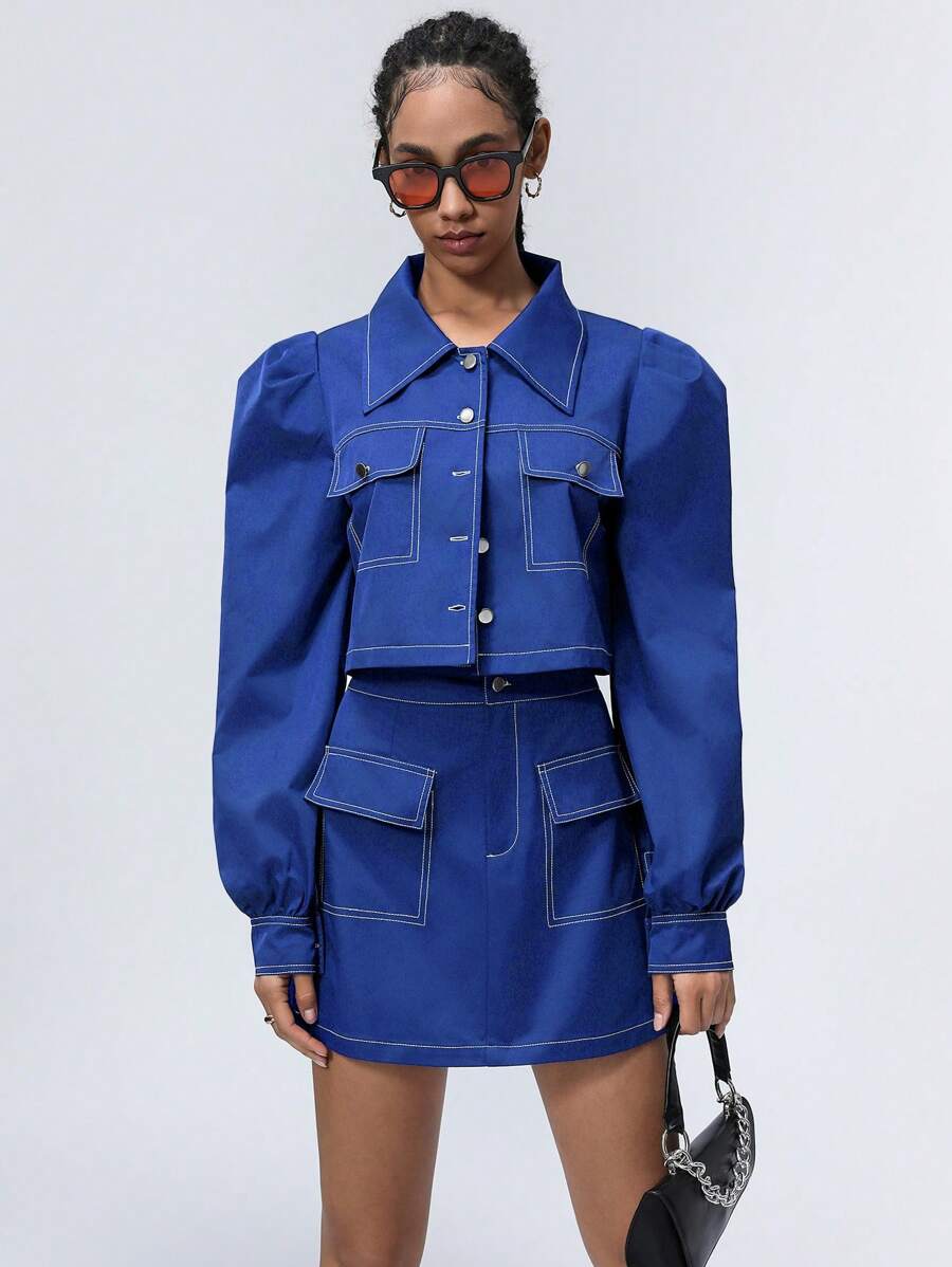 Aveloria Affinna Young Fashionable Mixed Metal Button Decor Contrast Stitch Design Loose Lapel Button Front Jacket Paired With Cargo Style A-Line Skirt, 2 Pieces Outfit, Women Spring Fall Cloth For Women - Blue - View 1