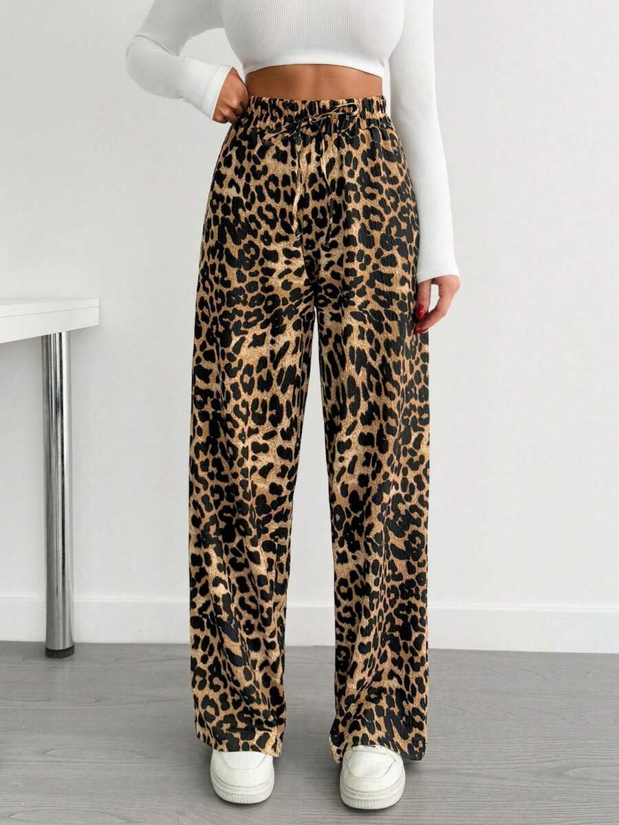 SHEIN Women Leopard Printed Low Waist Wide Leg Pants - Brown - View 1