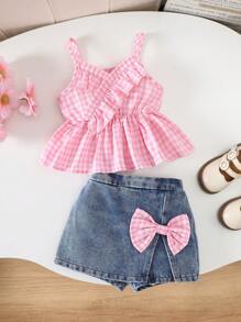 SHEIN 2pcs/Set Baby Girl Spring&Summer Casual Style,Plain Sleeveless Slip Top&Bowknot Decoration Short Jeans