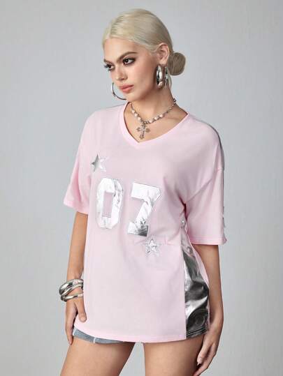 ROMWE Avant Women Y2K Retro Football Graphic Silver Coated Fabric Patchwork T-Shirt