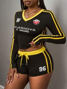 Slaydiva 2件套休闲年轻字母印花长袖上衣和超短裤套装，春夏 - 黑色 - 查看 6