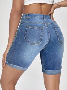 SHEIN Girlism Teen Girl Y2K Spring Summer Beach Holiday Solid Washed Low Waist Ripped Raw Hem Denim Shorts, Summer Biker Shorts Boho Beach Concert Rave Festival - Medium Wash - View 2