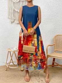 EMERY ROSE Round Neck Printed Dress, Sleeveless Retro Oil Painting Print Loose Casual Linen-Like Tank Dress, Summer New Arrival Round Neck Dress 3D Print Ink Painting Gradient Effect Sleeveless Dress For Women, Summer Spaghetti Strap Loose Midi Dress, Beach Dress - Blue - View 3