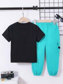 SHEIN Leap Crew 2 Stücke Kleinkind Jungen Lässig Rundhals T-Shirt und Cargohose Set - Lichtblau - Übersicht 7
