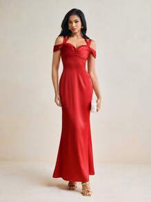 BY TENAJ ROLLE فستان ماكسي أنيق ذو كتف منكشف وياقة متصلة حول العنق من الساتان الأحمر ، فستان صيفي مرن وأنيق مناسب للسهرة - الأحمر - مشاهدة 6