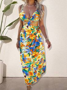 Breezaya Full Floral Print Sleeveless Deep V-Neck Summer Vacation Casual Halter Straps Dress - Orange - View 4