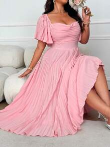 SHEIN Clasi Plus Size Square Neck, Ruffle Trim, Puff Sleeve, Pleated A-Line Dress, Elegant Vintage Style For Spring/Summer Vacation, Wedding, Party, Bridesmaid - Pink - View 3