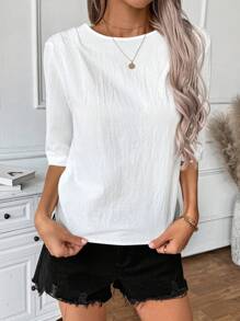 SHEIN LUNE Women's Summer Open Back Ruffle Tie-Front Bow Short Sleeve Casual Blouse White Shirt For Vacation, Wedding