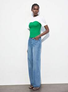 Maija Women's Green & White Color Block Modern Casual Crewneck Fitted Ruched Details Short Sleeve T-Shirt, Versatile Everyday Wear,Fall Women Clothes,European Summer