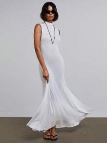 Athîral Women's Flowy White Soft Textured Mermaid Hem Maxi Dress, Old Money Aesthetic