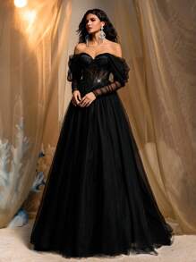 Glamrae Elegant And Luxurious Black Detachable Sleeves Off- Shoulder Sexy Sequins Mesh Puff Sleeves Corset Long Dress, Suitable For Weddings, Parties, Vacations, Dances, Celebrations, Evening Dress, Party Dress, Wedding Guest Dress, Formal Dress, Gown, Halloween - Black - View 8