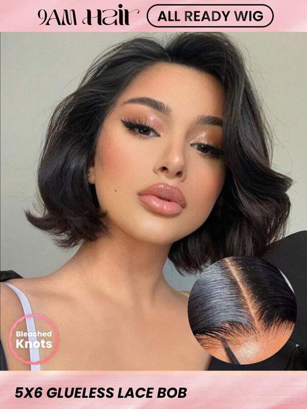 ALL READY WIG Tragen und losziehen Glueless Bob Perücke mit loser Welle, Echthaar Spitzenfrontvorderseite Perücke für Frauen, naturgeschnitten und vorgezupft 5x6 Spitzenverschluss ohne Kleber für Anfänger, Naturschwarz 8 Zoll