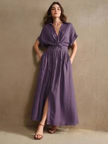 Anewsta Women's Spring/Summer Festival, Wedding Guest, Vacation Outfits V-Neck Single-Breasted Shirt Dress With Collar, Waist Twist Design, Long Dress - Purple - View 7