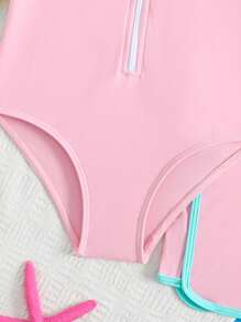 2pcs/Set Young Girl Colorblock Long Sleeve One-Piece Swimsuit With Beach Shorts,Suitable For Summer Beach, Sports, Swimming Pool, Surfing - Multicolor - View 4