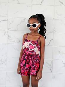 Mono informal de verano para niñas pequeñas de 4 a 7 años, estampado con corazones graffiti, de cintura estrecha y pierna corta