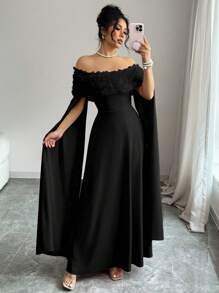 Rafferiza 情人节浪漫约会优雅女士露肩大红色3D花朵超长开衩袖休闲连衣裙 - 黑色 - 查看 4