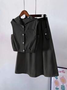 Tween Girls Casual Streetwear Sleeveless Hooded Cropped Shirt And High Waist Solid Color Skirt Two Pieces Set