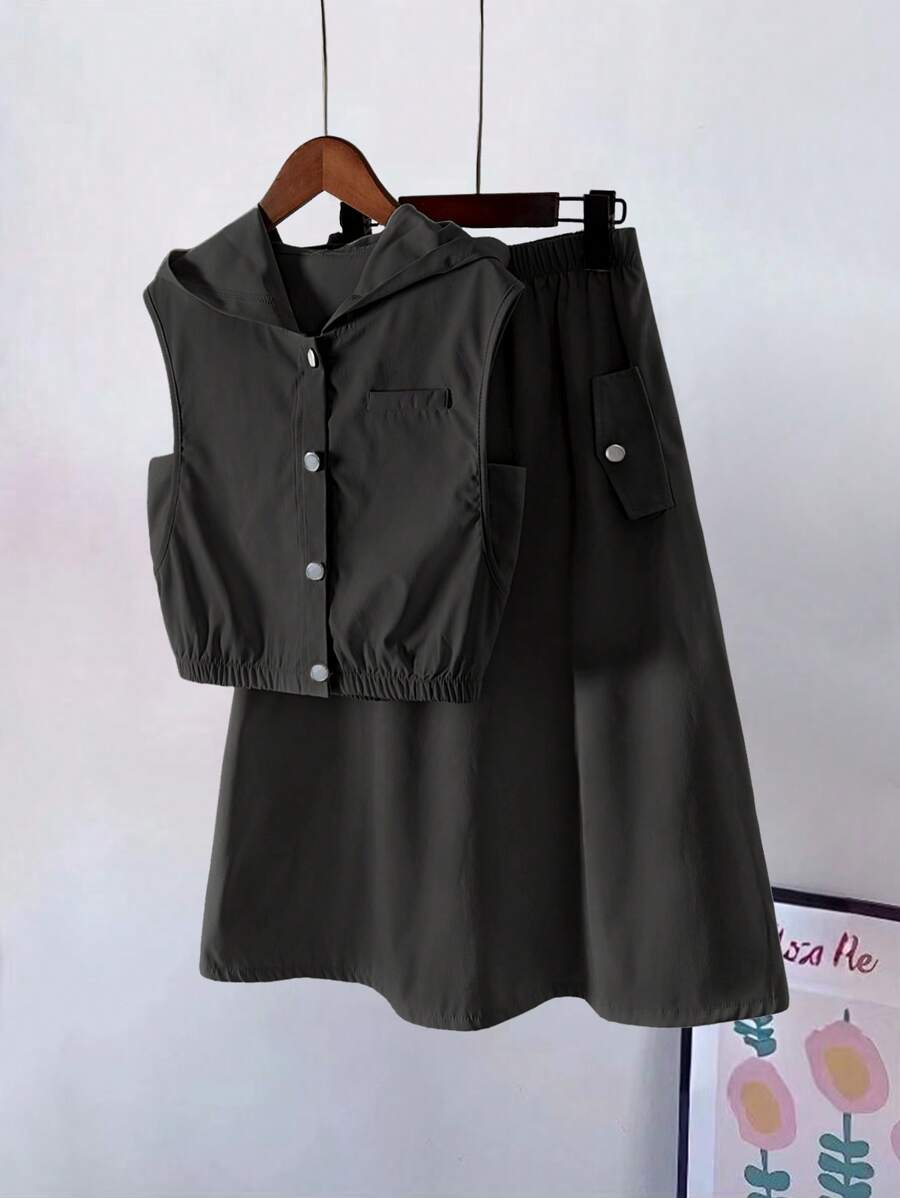 Tween Girls Casual Streetwear Sleeveless Hooded Cropped Shirt And High Waist Solid Color Skirt Two Pieces Set