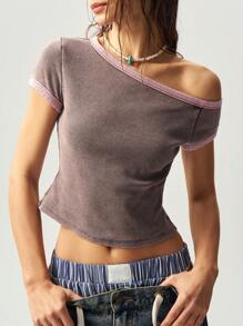 Bohemela Boho Knitted Color Block Asymmetrical Neck Short Sleeve Fitted Cropped Washed Women T-Shirt, Spring/Summer - Rust Brown - View 5