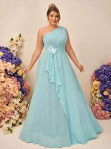 SHEIN Belle Plus Size Elegant Simple Oblique Shoulder, High Waist 3D Flower Decor, Ruffle Hem Long Bridesmaid Dress - Mint Green - View 4