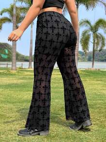 SHEIN EZwear Plus Size Women Flower Mesh Flare Pants - Black - View 2