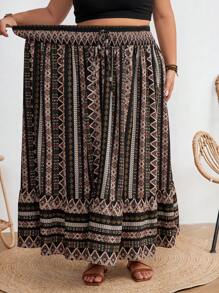 SHEIN CURVE+ Jupe évasée A-Line avec patchwork rayé à nouer à la taille, convient pour les vacances d'été à la plage en mode bohème