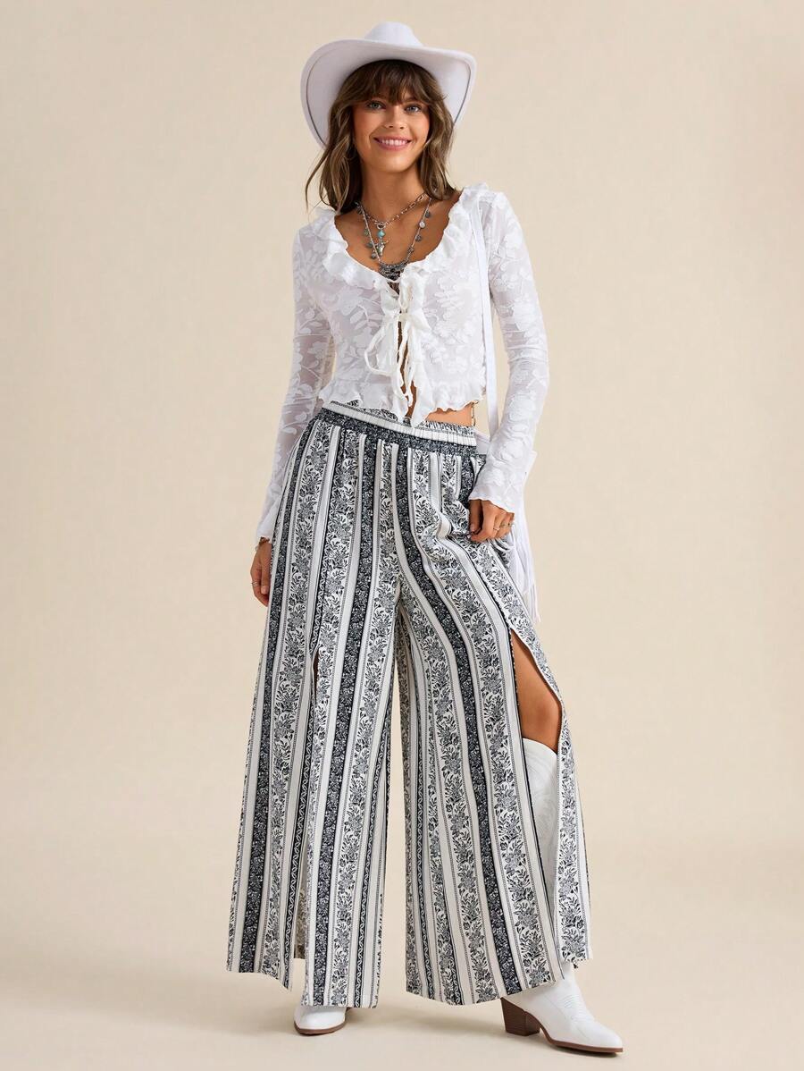 SHEIN LUNE Boho Western Wear Women Women's Striped High Waist Wide Leg Long Pants With Slits, Loose Fit, Spring/Summer - Multicolor - View 1