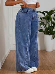 SHEIN EZwear Jeans de novia casual de talla grande con botones delanteros y bolsillos