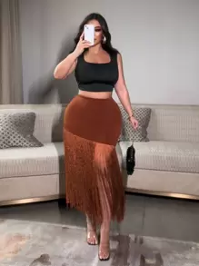 Allurite 2pcs/Set Plus Size Square Neckline Fringed Cropped Tank Top And Mini Skirt Set, Casual/Festival - Multicolor - View 1