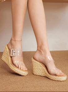 Styleloop Women's Fashion Holiday Style Transparent Strap Wedge Platform Straw Rope Sandals, Suitable For Spring/Summer Vacation And Outdoor Wear - Apricot - View 7