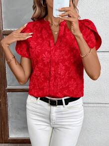 SHEIN Clasi 女士 V 领提花短袖优雅日常专属衬衫，红色，春夏 - 紅色 - 查看 7