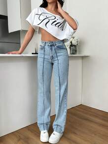 EURMUSE 女士休闲水洗高腰直筒牛仔裤 - 中等水洗藍 - 查看 1