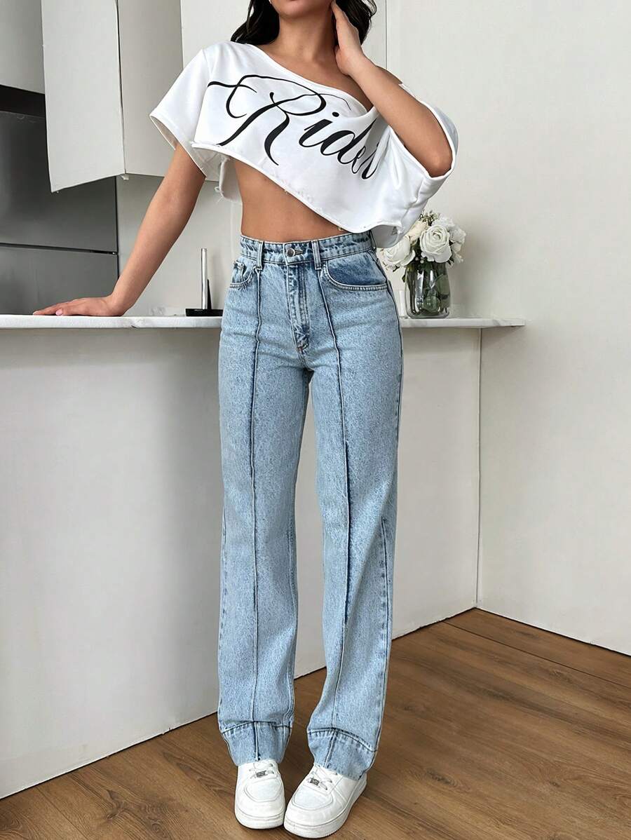 EURMUSE 女士休闲水洗高腰直筒牛仔裤 - 中等水洗藍 - 查看 1