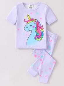 2 Stücke Loungewear-Set mit Jumpsuit für Kleine Mädchen mit Einhorn-Lichtmuster, kurzärmlig, hellrosa