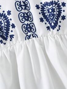 1 pieza Vestido de niña joven de manga farol con estampado retro hasta la pantorrilla, tejido blanco, apropiado para uso casual, exterior y vacaciones - Albaricoque - Ver 3