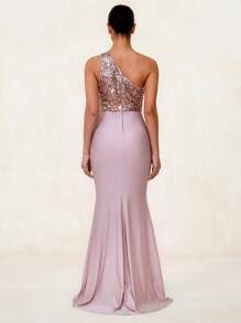 Glamine 不对称领口亮片拼接高腰侧褶开衩优雅连衣裙，女士长裙，派对礼服，生日女士服装，紫色女士礼服，晚宴服装，伴娘礼服，性感礼服，半正式礼服，正式长袍女士服装，优雅女士礼服 - 藕粉色 - 查看 2