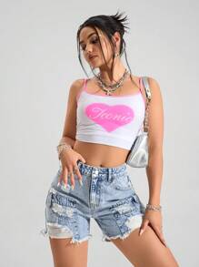 SHEIN EZwear Dames Casual Versleten Gerafelde Zoomzakken Denim Shorts