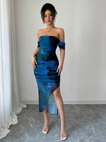 Elenzga 女士优雅露肩扎染开衩修身连衣裙，秋季长款女装 - 水鴨藍 - 查看 4