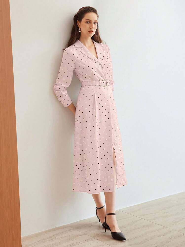 POLKA DOT PRINT DRESS WITH BELT, COLLARED, SLIT HEM, WOVEN