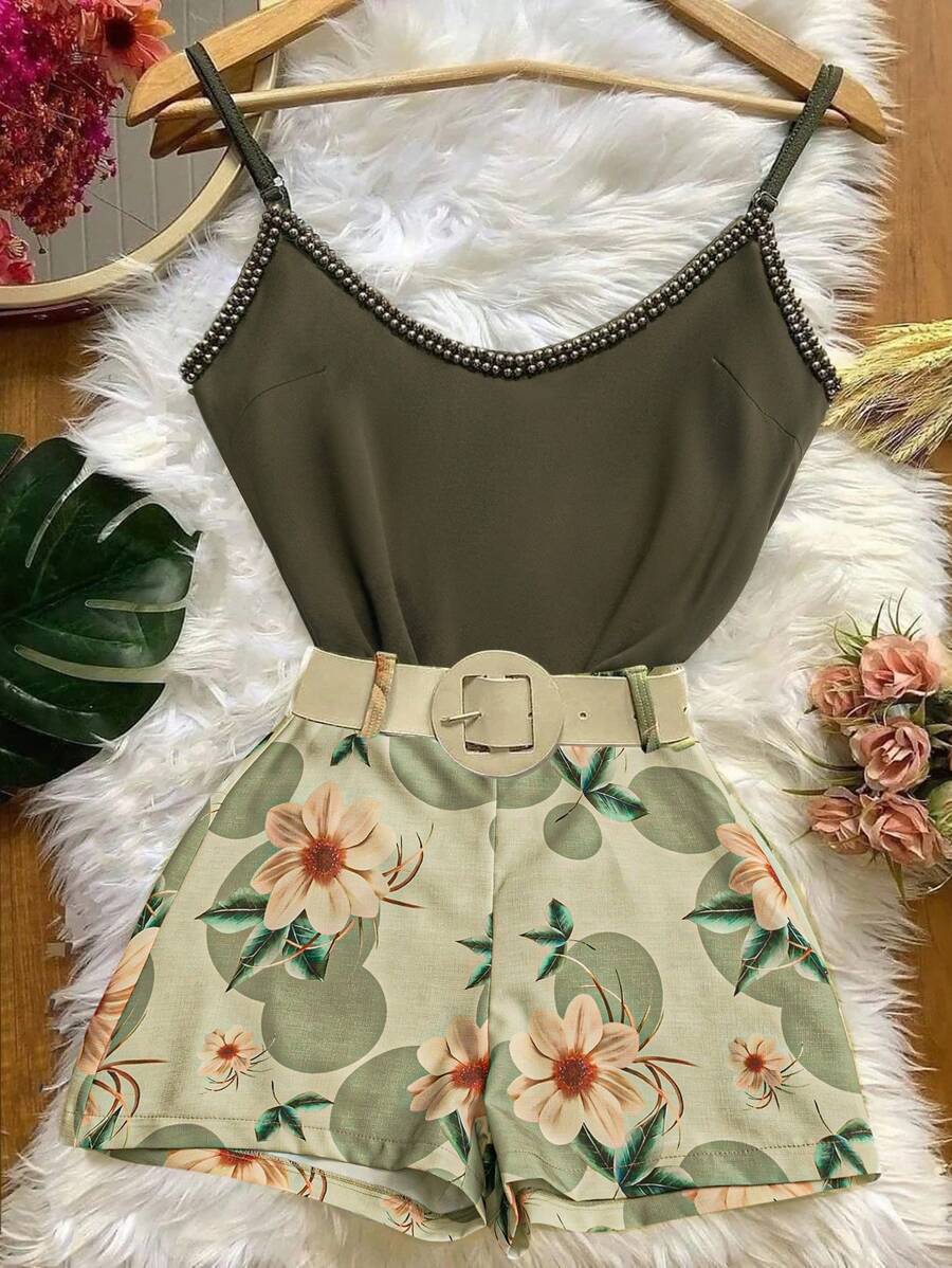 SHEIN Unity 2pcs/Set Women Pearl Decor Camisole Top And Floral Printed Shorts, Holiday And Casual Outfit - Army Green - View 1