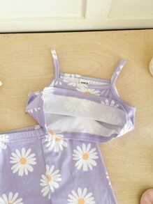 SHEIN 2pcs Baby Girl Floral Print Camisole & Shorts Set - Mauve Purple - View 4