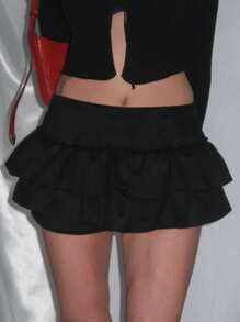 DAZY Jupe mini très courte femme avec volants au bas, de couleur unie, style Y2K, jupes-shorts - Noir - Voir 5