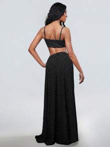 Flirla Set de 2 piezas con camiseta de tirantescortay falda larga de línea A con estampado de lunares de estilo de resort de primavera/verano