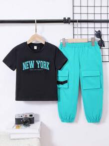 SHEIN Leap Crew 2 Stücke Kleinkind Jungen Lässig Rundhals T-Shirt und Cargohose Set - Lichtblau - Übersicht 6