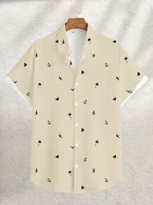 Manfinity RSRT Fashionable Casual Vacation Style Silhouette Print Button Down Collar Short Sleeve Slim Fit Shirt For Men, Plus Size, Suitable For Holidays, Outings, Dates, Also Makes A Great Gift For Boyfriends