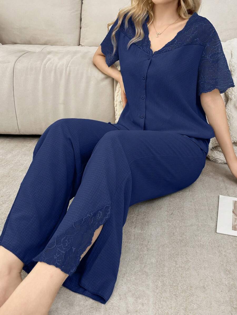 SHEIN 蕾丝拼布透视短袖上衣和裤子女士睡衣套装休闲套装 - 寶藍色 - 查看 1