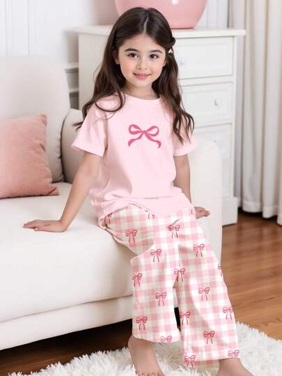 SHEIN Leap Crew Tween Girls Casual rutigt rosettmönster Lös rundhalsad kortärmad T-shirt och byxor med vida ben Hemkläderset, lämplig för sommaren